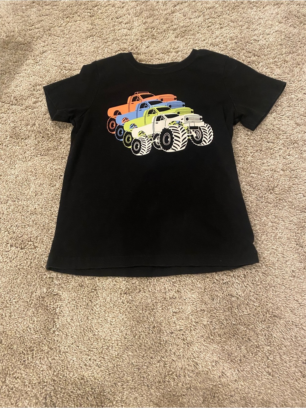 okie dokie Black Tee with Orange, Blue, Lime & White Monster Trucks